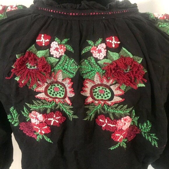 ZARA Boho Black Green Red Embroidered Voluminous 3/4 Sleeve Peasant Blouse XS - Picture 7 of 9